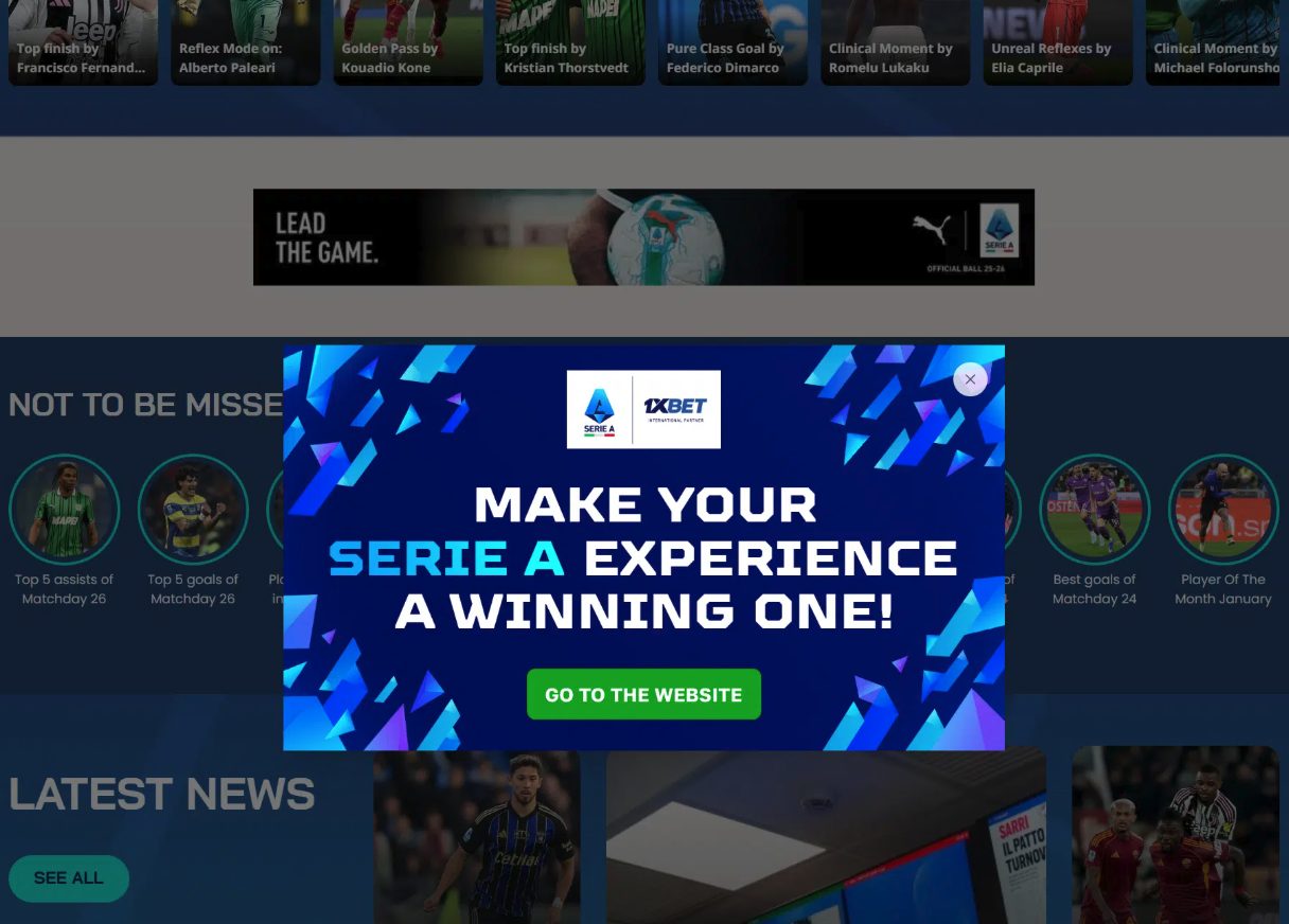 1XBET Ad on Serie A Website