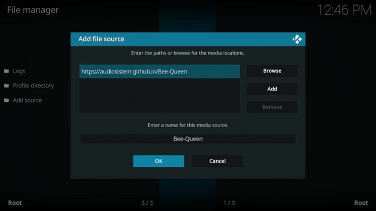 Type "Bee Queen" or any other name you would like to identify this source as and click OK