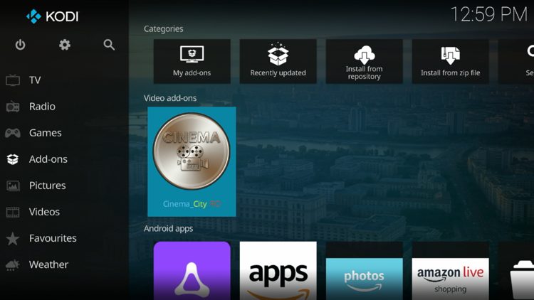 Then go back to the Home screen of Kodi and select Add-ons, then choose Cinema City