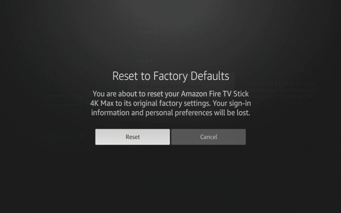 The "Reset to Factory Defaults" screen should appear. Click Reset to perform a factory reset. 