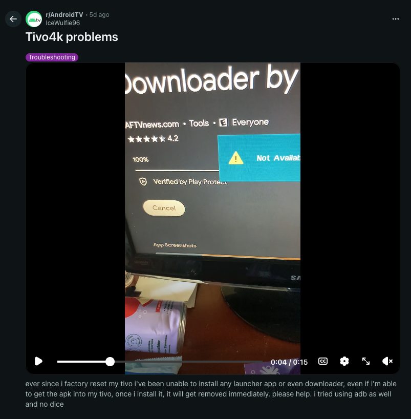 Downloader Installation Error on Tivo Stream 4K