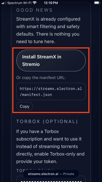 click copy to install streamx stremio addon