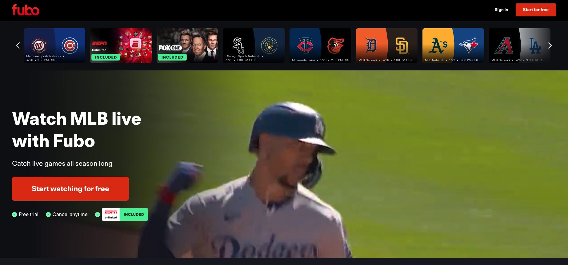 fuboTV Website MLB Streaming