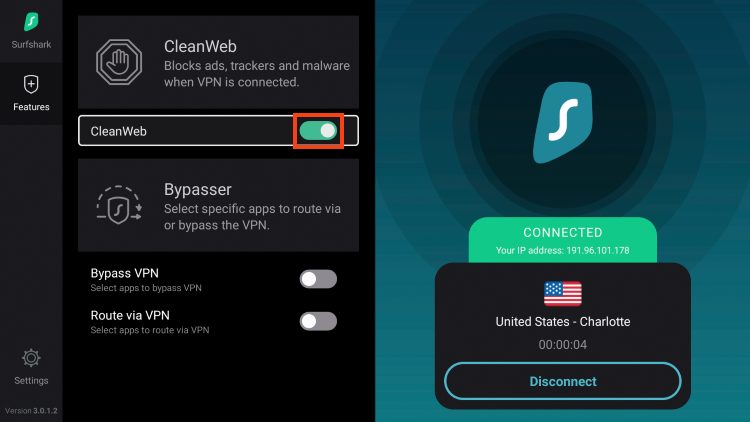 cleanweb activated for surfshark to remove ads in viva tv