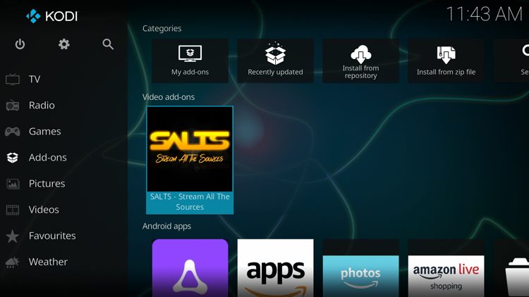 Then go back to the Home screen of Kodi and select Add-ons, then choose SALTS