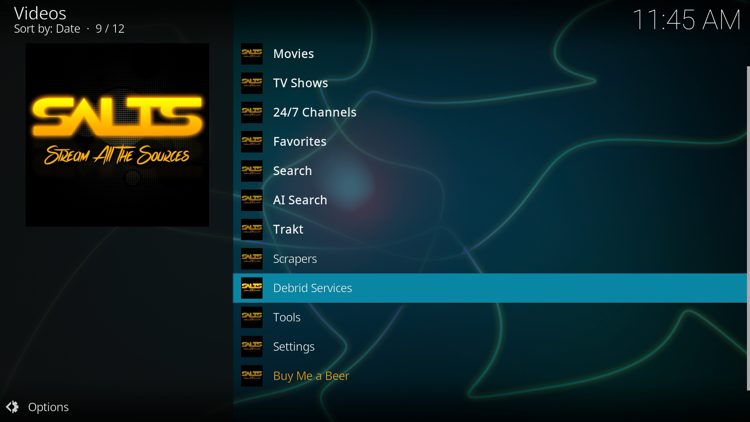 Return back to the home menu of SALTS and click Debrid Services.