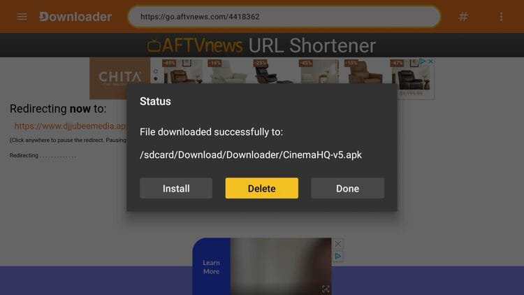 Return to Downloader and click Delete.