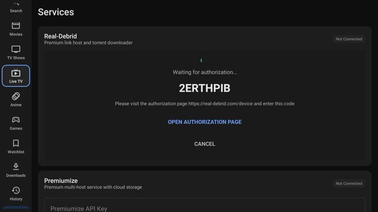 You are then provided with a real-debrid authorization code.