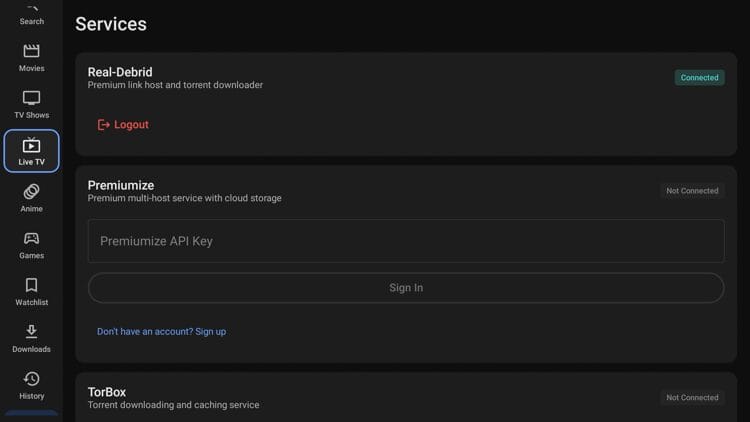Return to Cinema HQ and you will notice that Real-Debrid is now Connected.