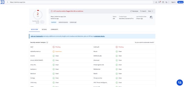 NetMirror virustotal scan