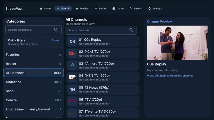 If you click the Live TV tab on the top menu this is where you'll find all of your imported channels.