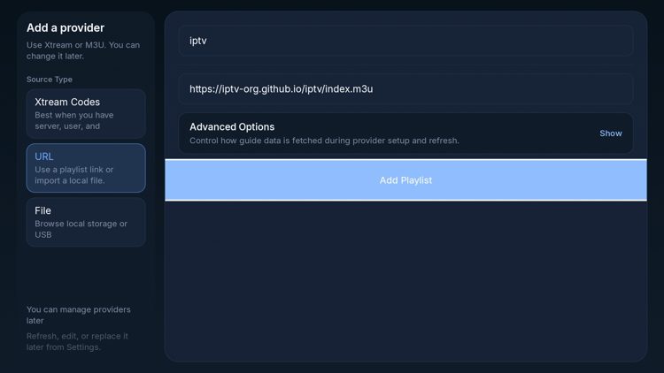 In this instance we added an M3U playlist URL. Enter the name and URL and then click Add Playlist.