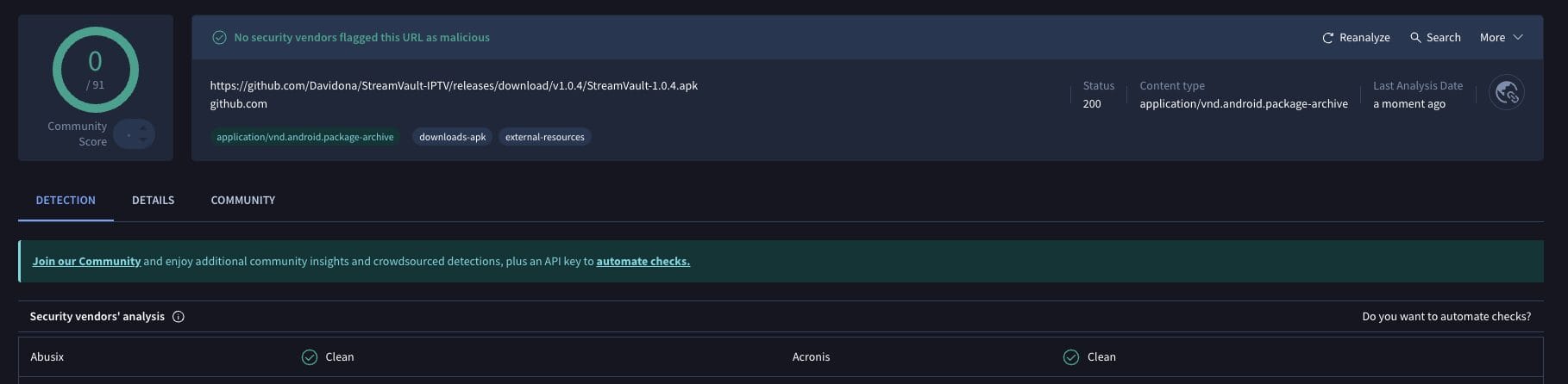 StreamVault VirusTotal Scan