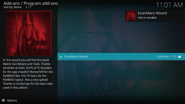 The wizard add-on installed message will now display in the upper right-hand corner.