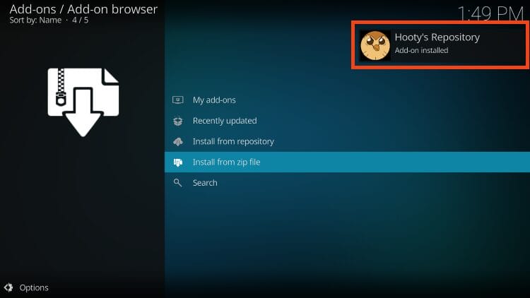 Hooty's repository add-on installed message will appear