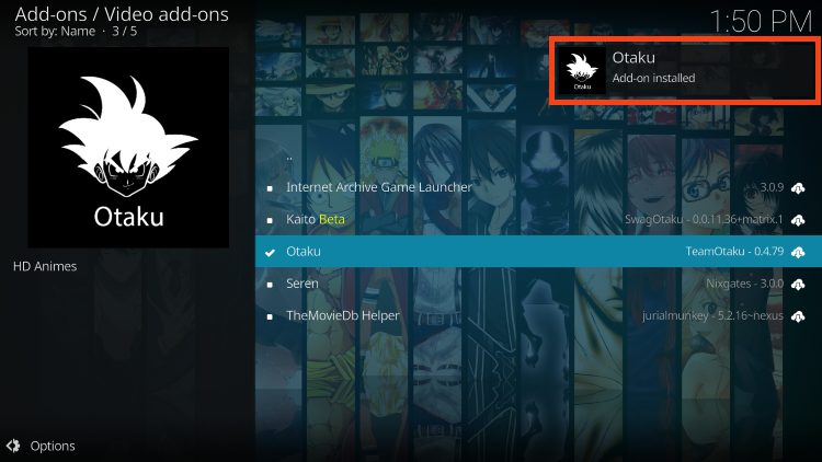 otaku kodi addon installed message