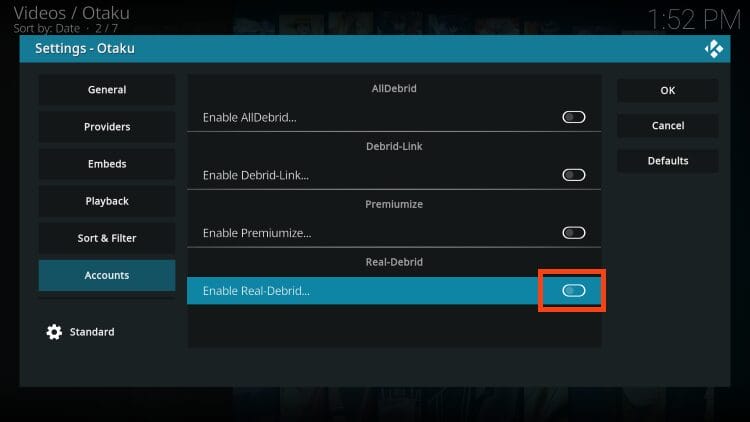 hover over accounts and click the toggle to enable real-debrid