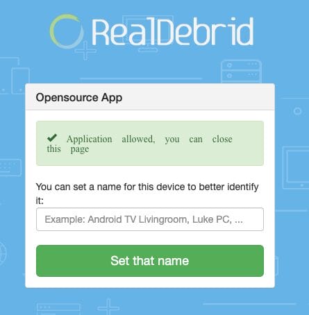 Visit real-debrid.com/device and enter the provided code from the previous step. You should then see a success message.