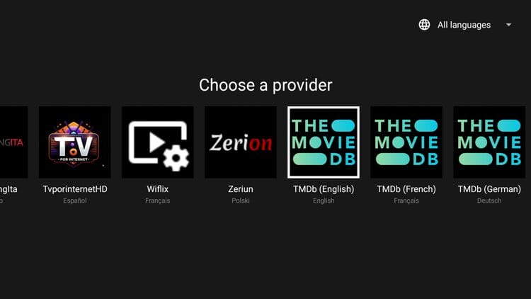 Choose a provider like the TMDb (English) provider.