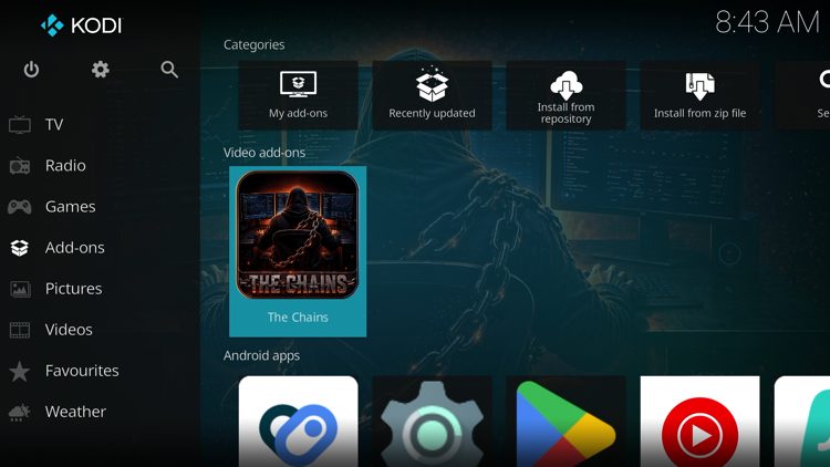 Then go back to the Home screen of Kodi and select Add-ons, then choose The Chains