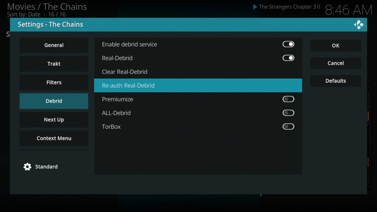 Hover over Debrid, toggle on Real-Debrid, and click Re-auth Real-Debrid.