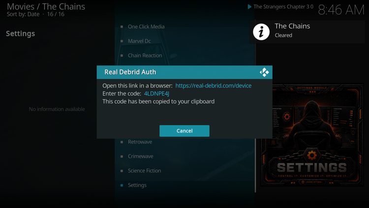 You are then provided with a real-debrid authorization code.