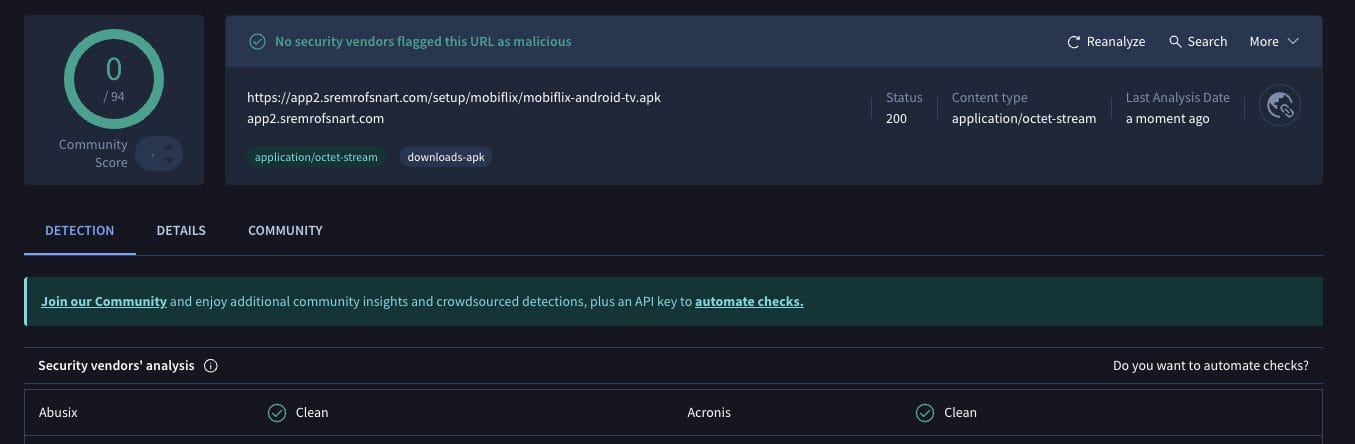 MobiFlix VirusTotal Scan