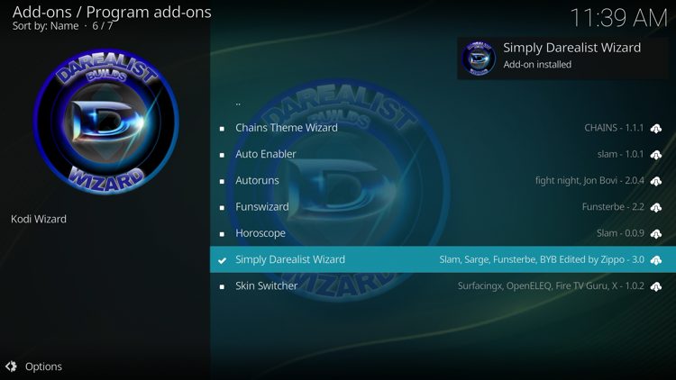 The wizard add-on installed message will now display in the upper right-hand corner.