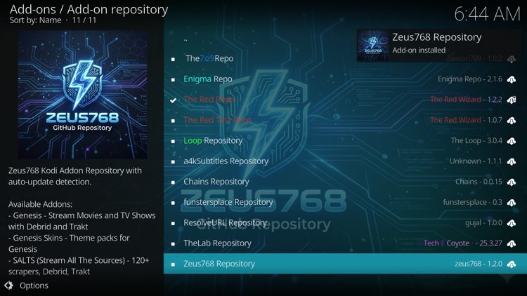 Wait for the "Zeus768 Repository Add-on installed" message to appear