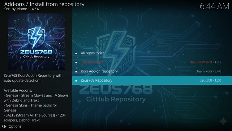 Click the back button on your remote a few times and select the Zeus768 Repository