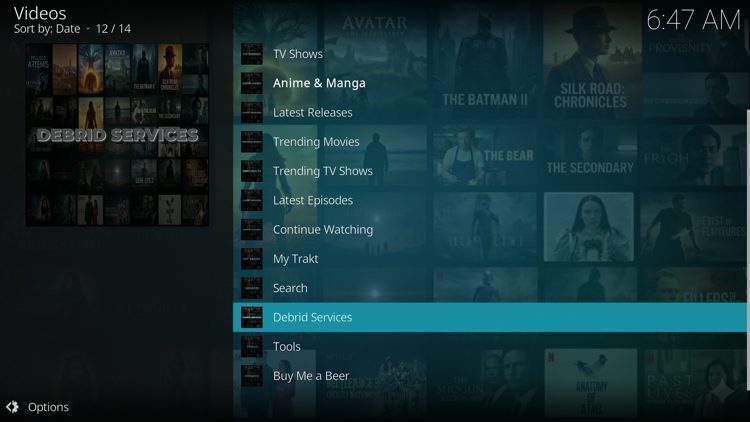From the main menu of the Genesis add-on, scroll down and click Debrid Services.