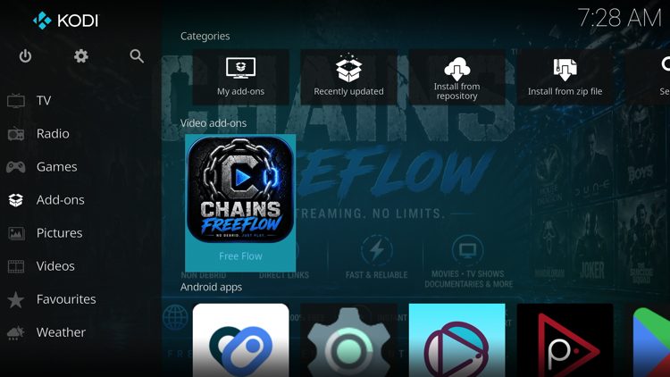 Then go back to the Home screen of Kodi and select Add-ons, then choose Free Flow.