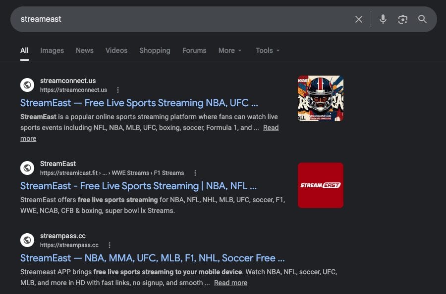Active StreamEast Sites on Google Search