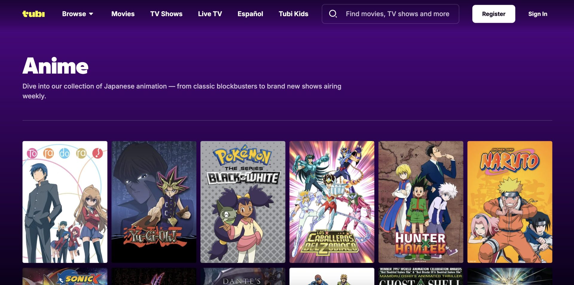 Tubi Website Anime Content
