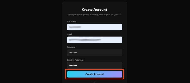 input credentials and click create account