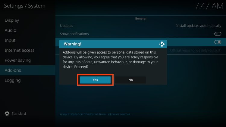 Warning! Make sure to read the message prompted by Kodi and click Yes