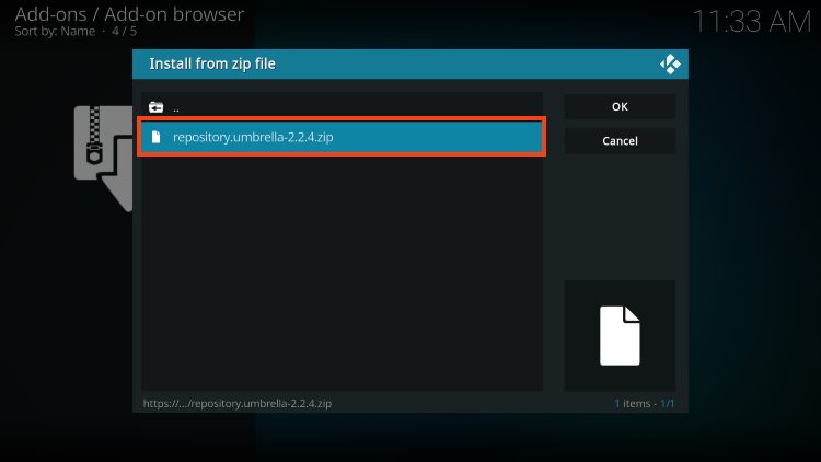 click zip file repository.umbrella.zip for to install umbrella kodi addon