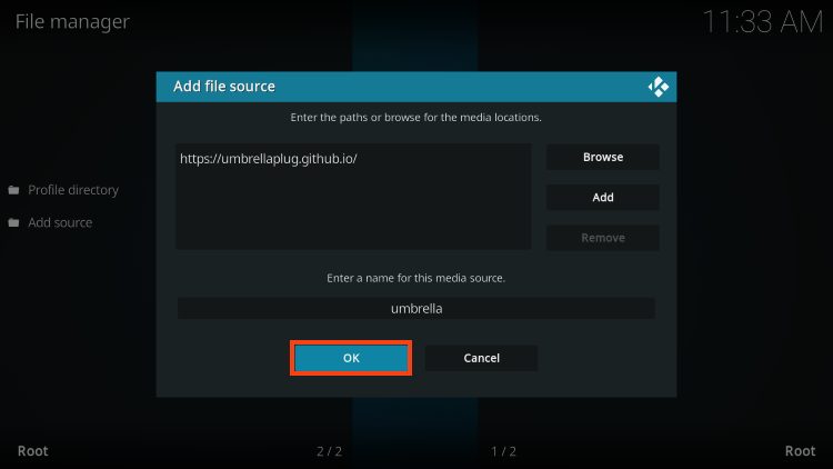 type umbrella for kodi and click ok