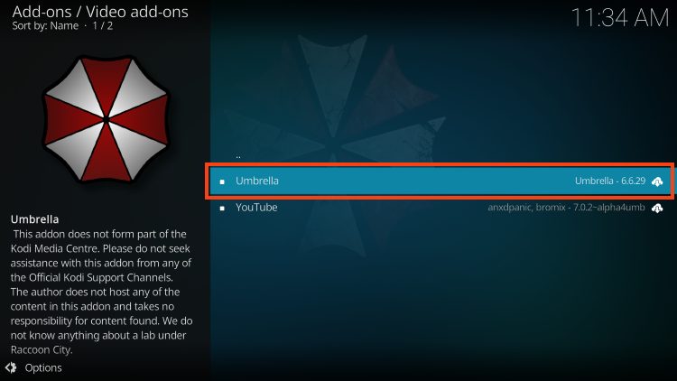 choose umbrella kodi addon