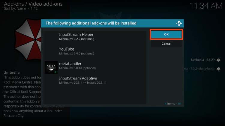 click ok to install umbrella kodi addon