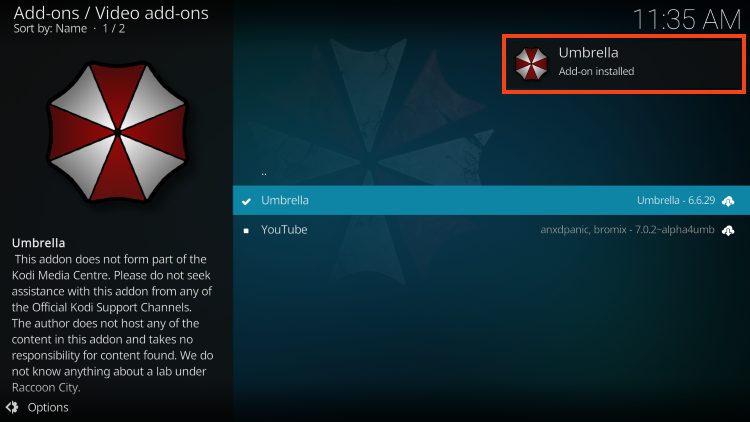umbrella kodi addon installation complete message