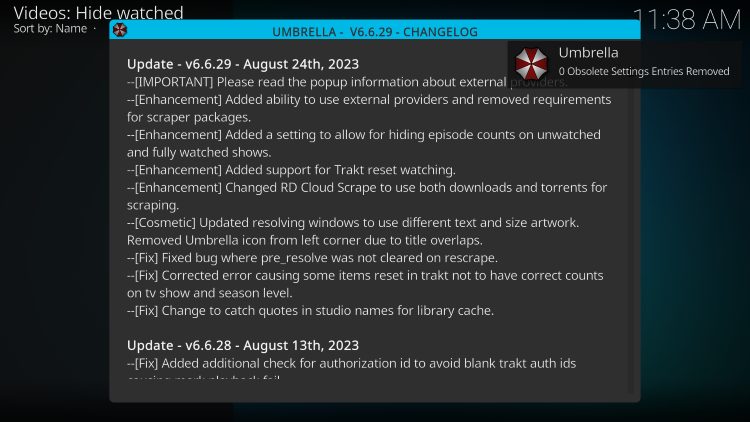 umbrella changelog kodi addon