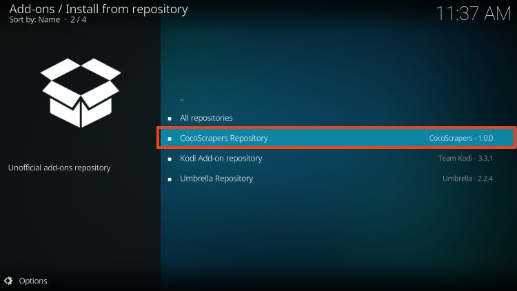 choose cocoscrapers repository for umbrella kodi addon on firestick android tv google tv