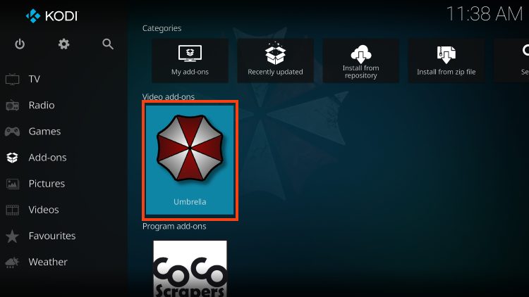 launch umbrella kodi addon