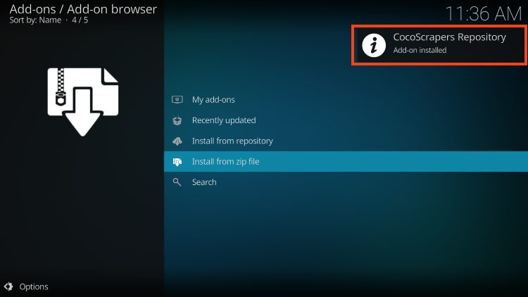 cocoscrapers repository addon installed message for umbrella on kodi