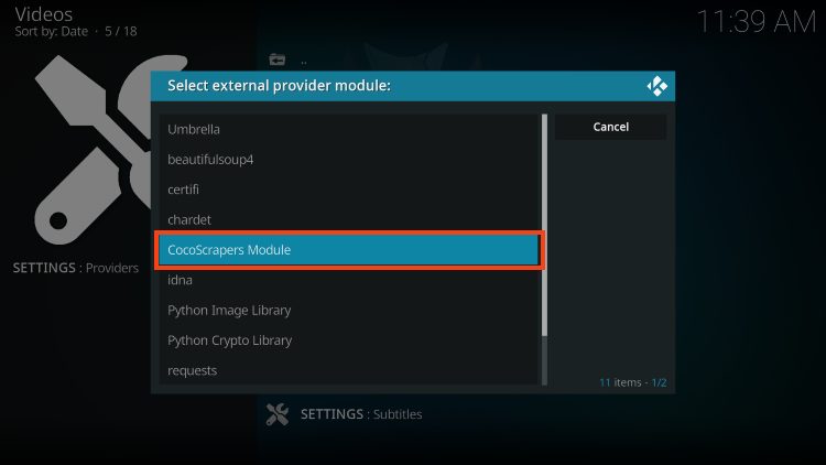 choose cocoscrapers module in umbrella kodi addon