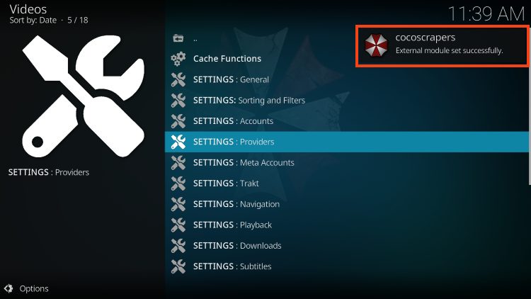 cocoscrapers enabled message for umbrella kodi addon