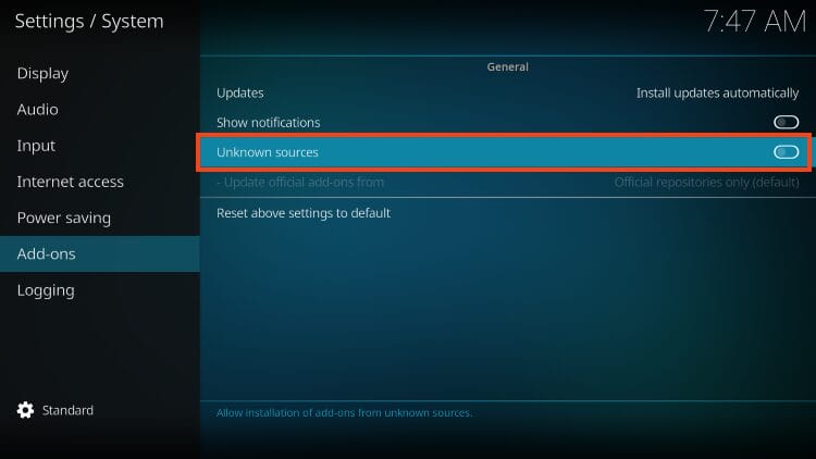 unknown sources on to install POV Kodi addon