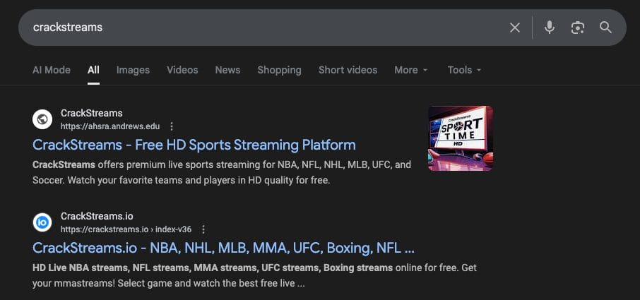 CrackStreams Google Search Results